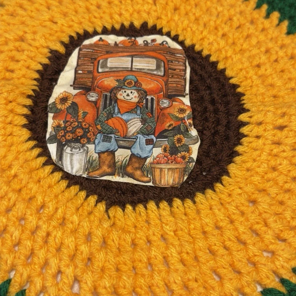 Vintage Green Yellow Crocheted Placemats Set of 4, Handmade Round 13